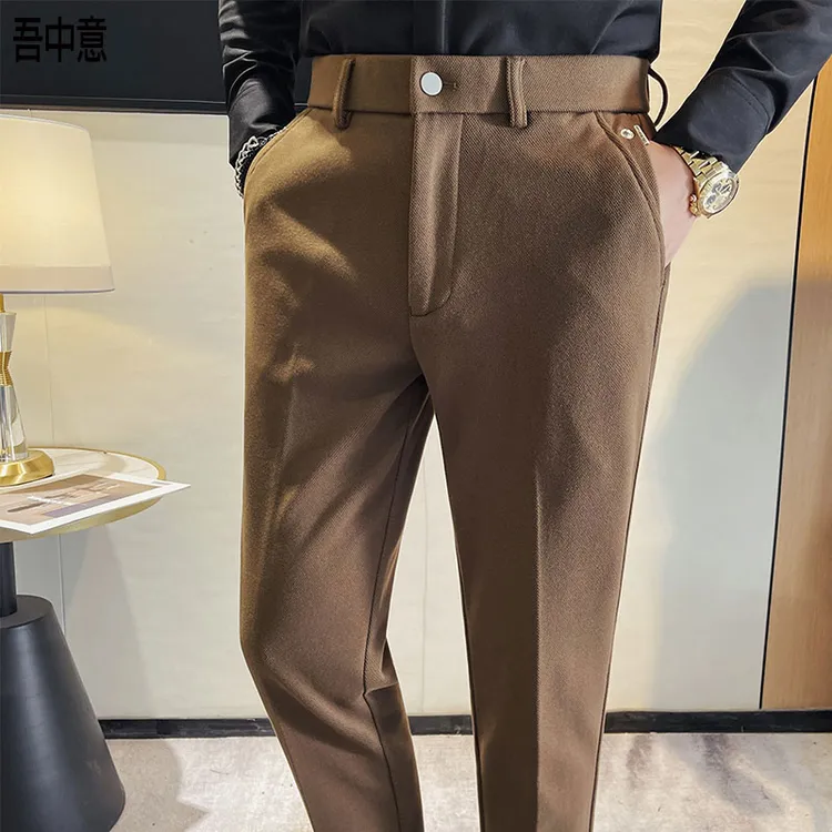 松紧腰呢子西裤男款爆款2025新款冬季时尚百搭直筒垂感毛呢裤子男