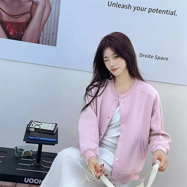 新款秋季纯色宽松短款外套开衫女设计感休闲夹克上衣潮韩版棒球服