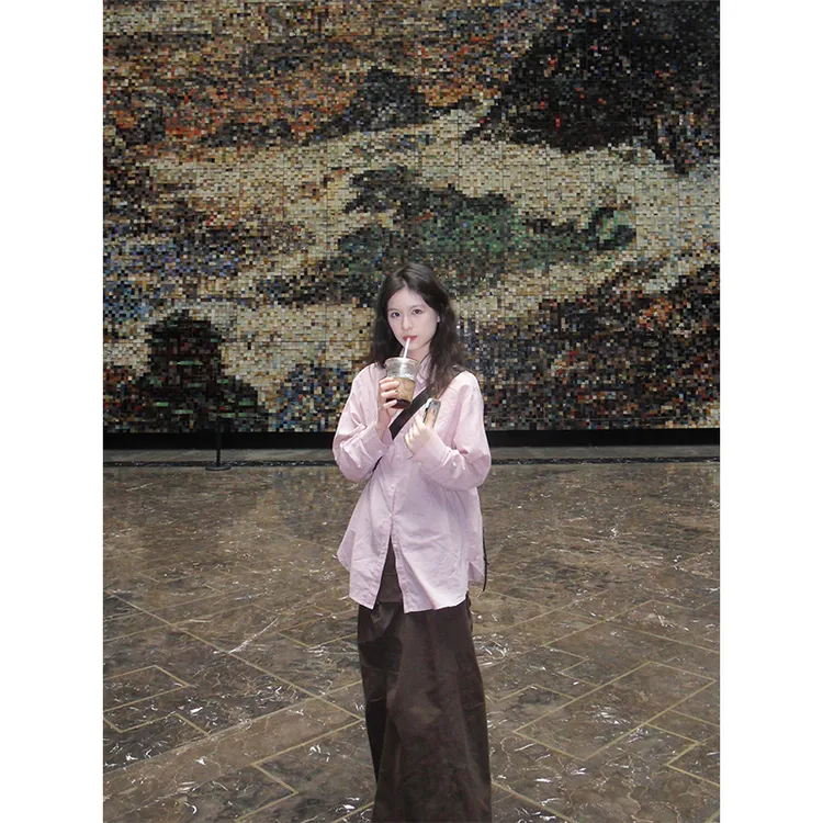 法式长袖衬衫学院风粉色上衣高级感衬衣宽松休闲垂感半身裙长裙女