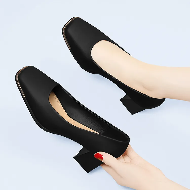 高跟鞋女士2025春季新款浅口方头软底职业工作鞋粗跟职业通勤单鞋