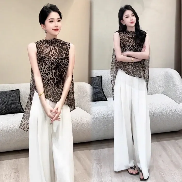 豹纹时尚套装女2025夏季新款洋气薄款飘带无袖雪纺衫阔腿裤两件套