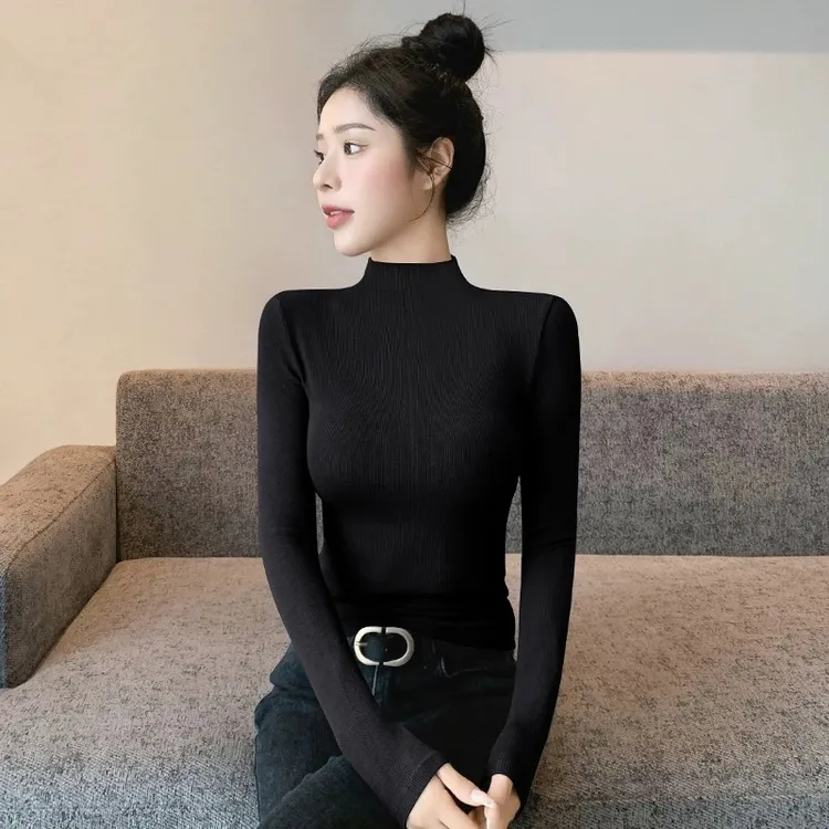 黑色半高领螺纹打底衫女内搭秋冬新款修身显瘦洋气长袖t恤女上衣
