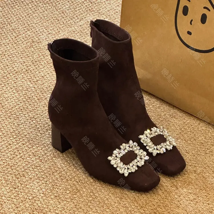 晚睡兰·内增高10cm粗跟短靴秋冬百搭法式水钻方扣绒面弹力瘦瘦靴