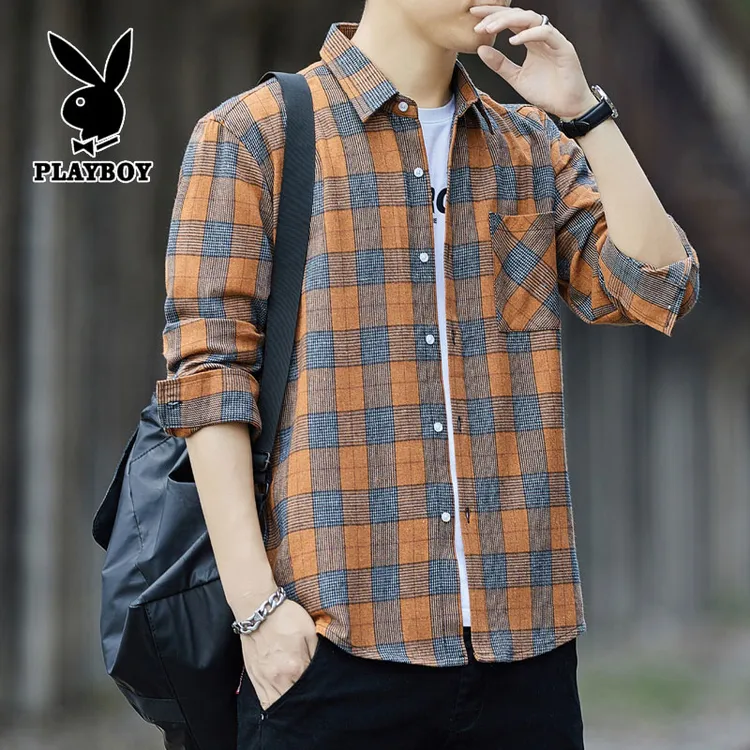 花花公子正品男士长袖格子衬韩版修身秋季韩版帅气潮流薄款衬杉男