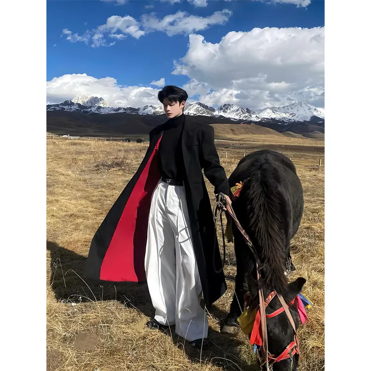 cleanfit穿搭黑红垫肩教父大衣男冬季中长款高级感英伦风风衣外套