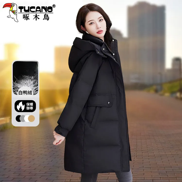 啄木鸟白鸭绒中长款羽绒服冬季新款休闲时尚爆款大码加厚女士外套