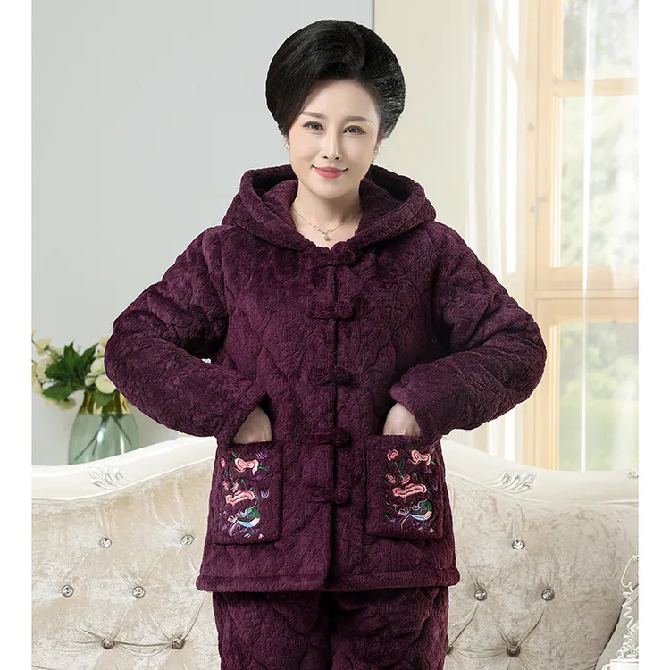 冬季睡衣女妈妈加绒三层夹棉中老年家居服套装奶奶保暖珊瑚绒