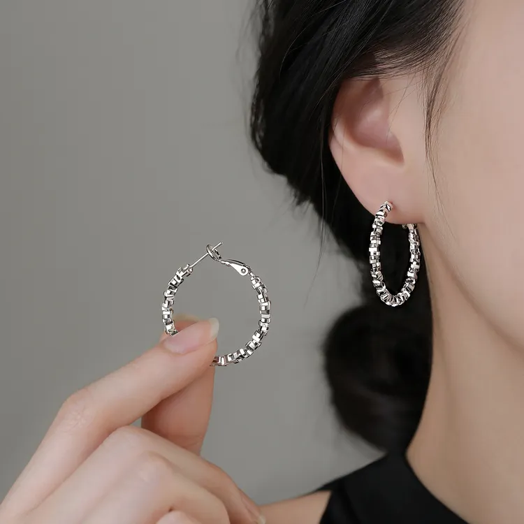 足银耳饰 999银针碎银子耳环轻奢气质素圈大耳圈女ins小众设计感