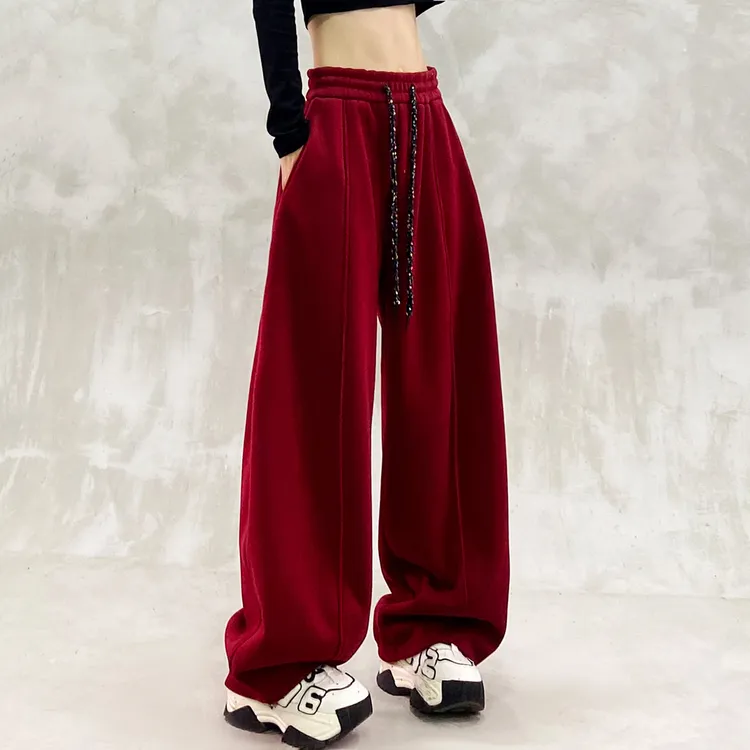个性抽绳设计加绒休闲弯刀裤女冬新款高腰宽松显瘦百搭直筒香蕉裤