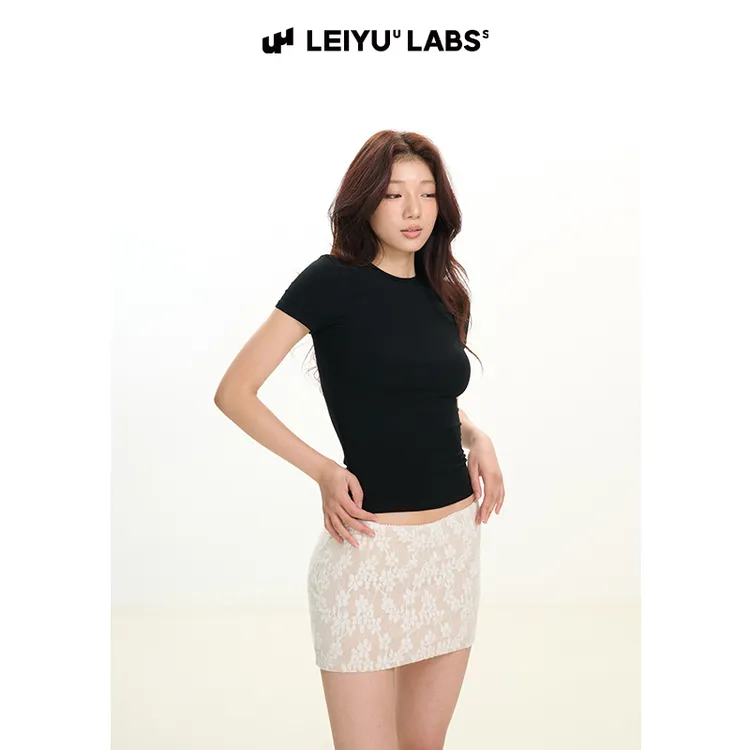 LEIYU LABS针织短袖T恤女夏欧美ins紧身高腰短款小圆领上衣修身