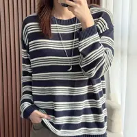 “条纹迷”棉线针织圆领条纹长袖毛衣
