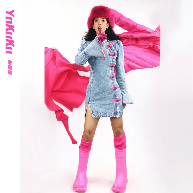 哟酷酷（福禄东方）新中式国潮撞色盘扣修身显瘦马蹄牛仔短裙旗袍