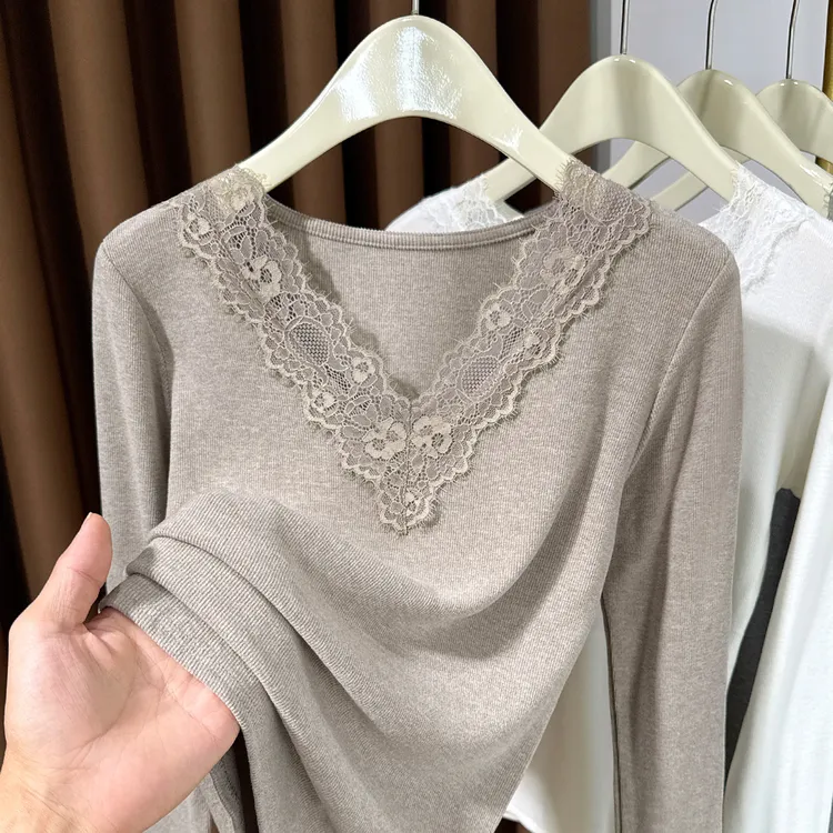V领蕾丝花边打底衫女内搭长袖2025秋冬新款高级感薄款针织t恤女