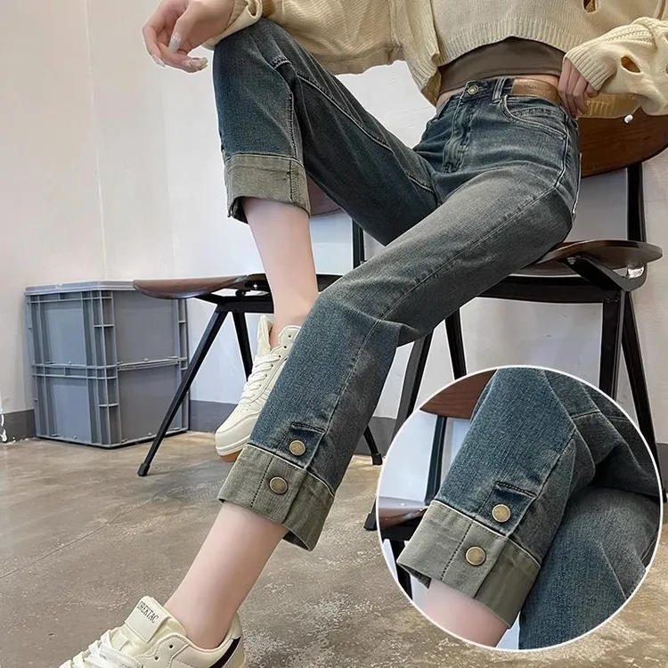 2024新款烟管牛仔裤女秋冬高腰弹力修身显瘦潮流小个子九分直筒裤