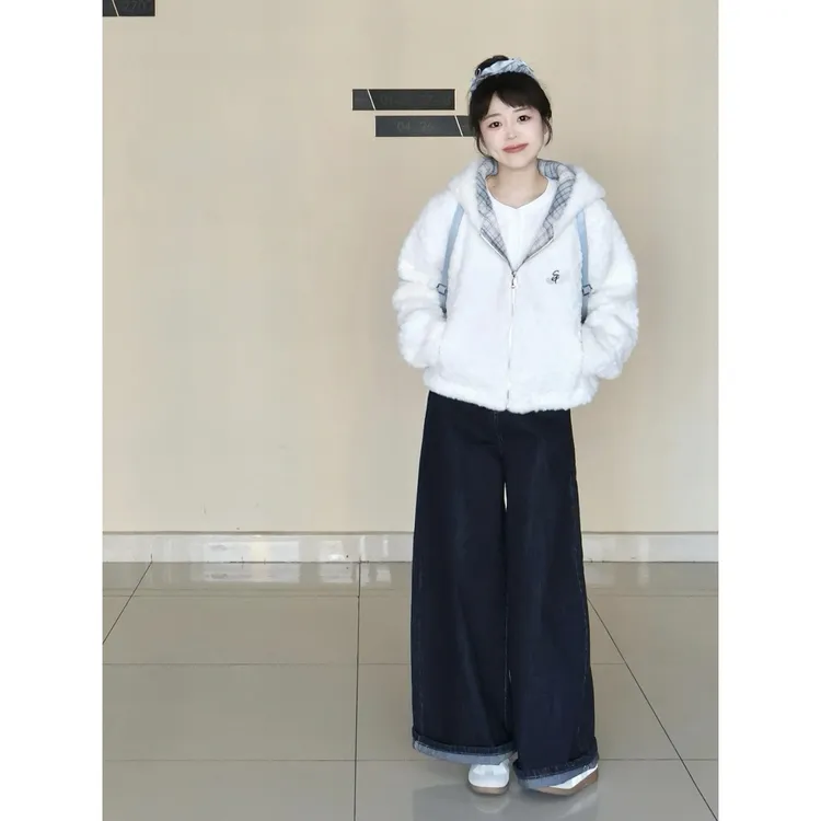 国潮熊耳朵羊羔毛外套女秋冬季甜美格子加厚保暖短款开衫棉衣棉服
