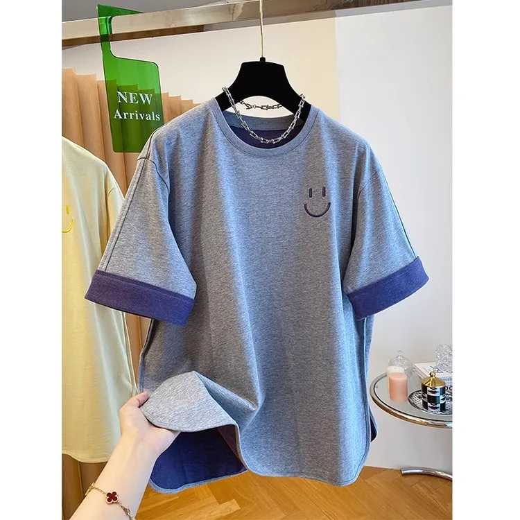 胖妹妹240斤大码别致小众刺绣笑脸撞色短袖上衣女夏季宽松半袖T恤