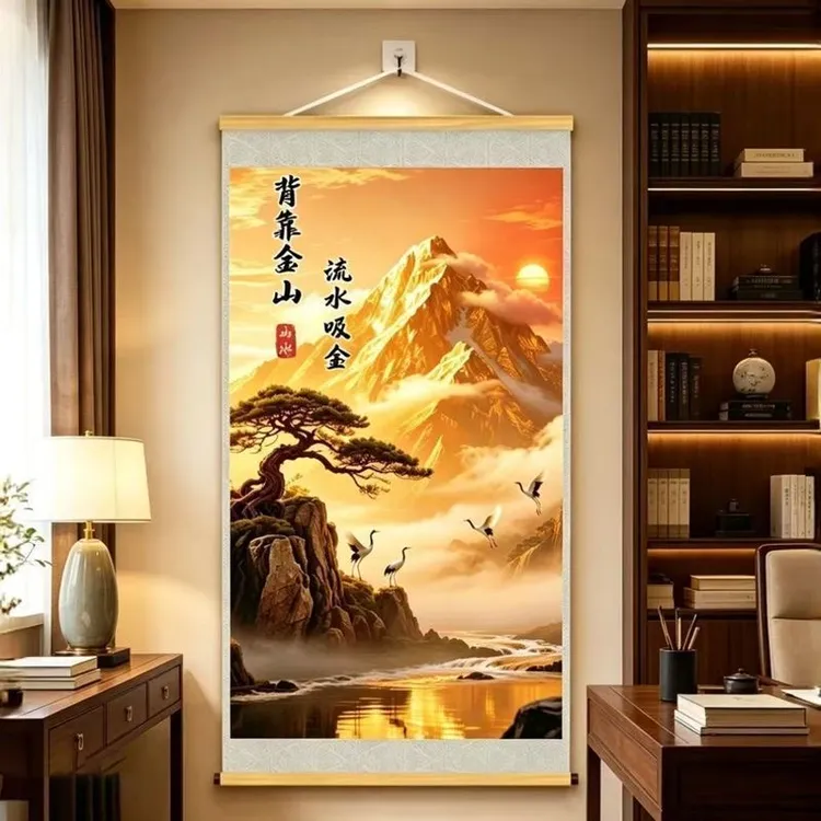 抢!【背靠金山】新中式挂画客厅书房玄关背景墙装饰画卷轴挂画