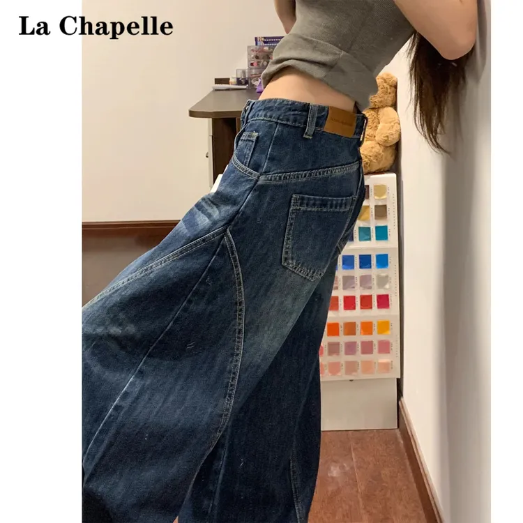 La Chapelle/拉夏贝尔弯刀阔腿牛仔裤女2025秋季新款直筒镰刀裤子