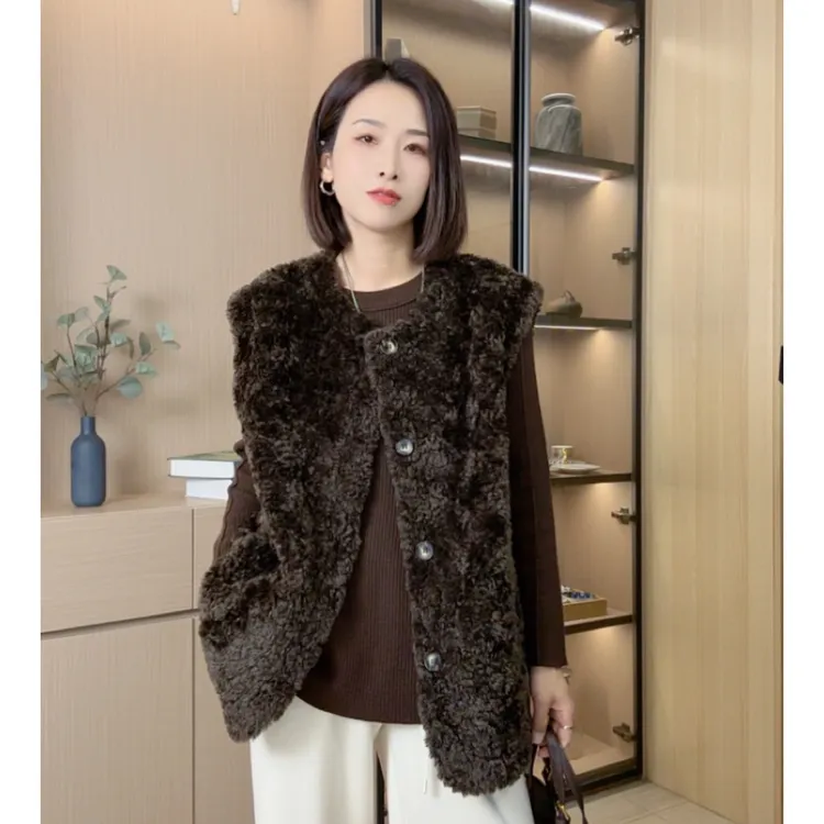 【希辰】冬季欧洲站颗粒绒毛时尚圆领单排扣马甲背心 25301