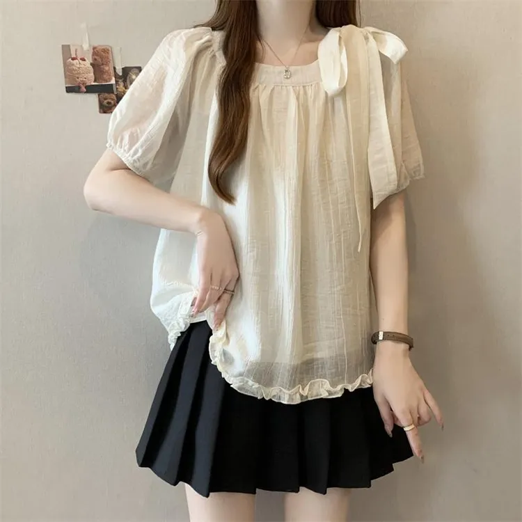 大码胖MM200斤夏季甜美系带蝴蝶结下摆木耳边韩系减龄小衫夏上衣