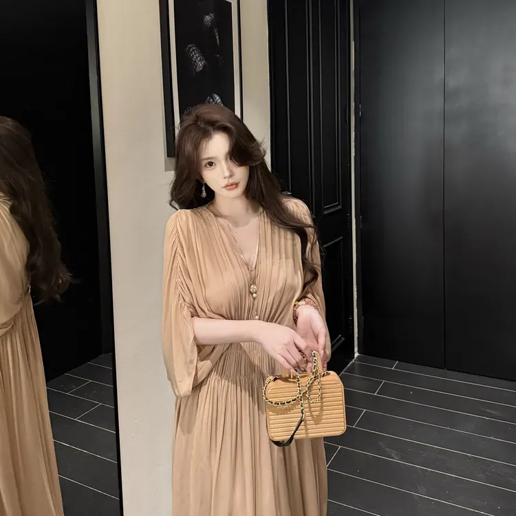 GUIDI GUDI【茶色风铃】沙丘色褶皱肌理感泡泡袖连衣裙汉服/黄加蓝