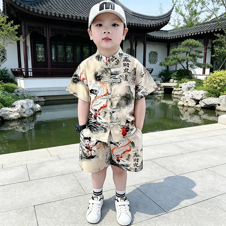 2026新款男宝哪吒衣服夏季汉服儿童礼服新中式国风唐中式短袖套装