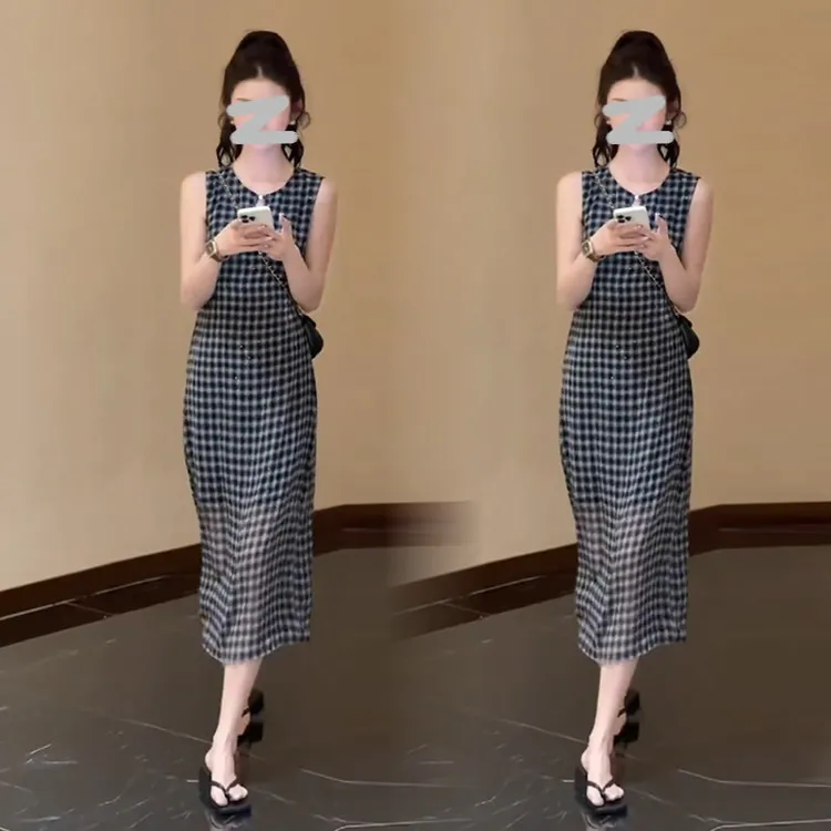 【有运费险】法式复古无袖格纹长裙女2025夏季新款系带千金风连衣裙