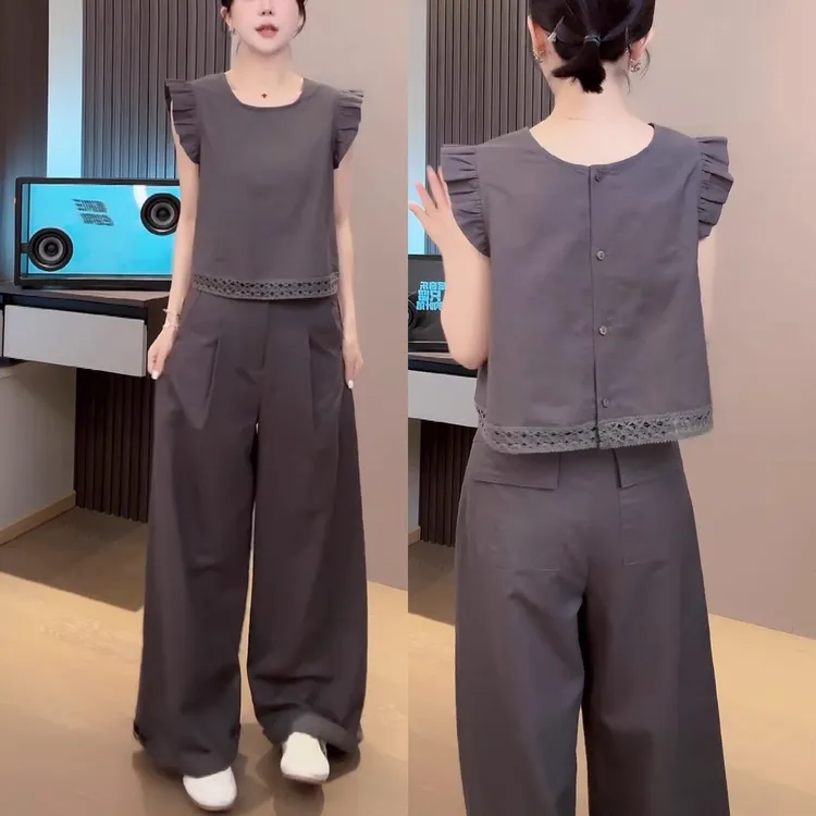 2025夏季新款飞飞袖遮肉上衣收腰阔腿裤百搭休闲纯色减龄两件套女