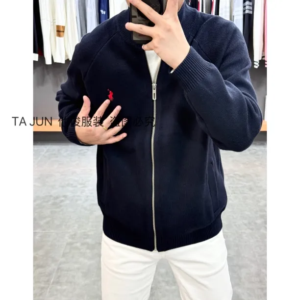 轻奢男士休闲弹力拉链刺绣时尚经典针织立领外套 25038