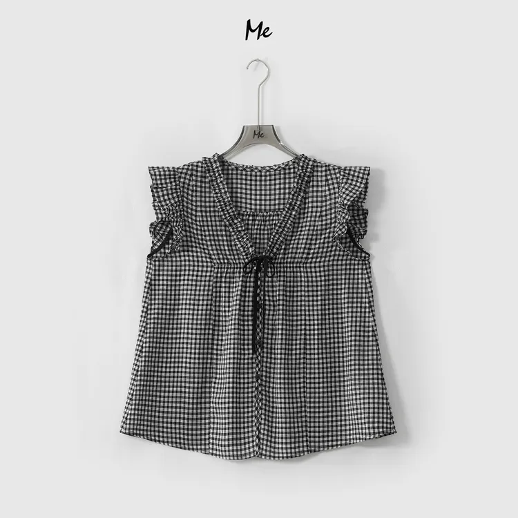 ME【100%天丝花格娃娃衫】对格木耳边显瘦舒适时尚百搭上衣MESS6190