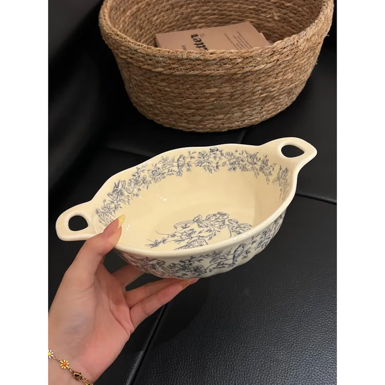 ININHOME青花餐盘复古花边盘意面深盘早餐点心盘家用面碗菜盘子S