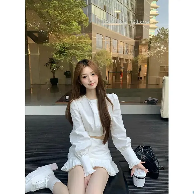 富家千金气质套装夏季韩系温柔长袖短款衬衫高腰显瘦百搭半身裙女