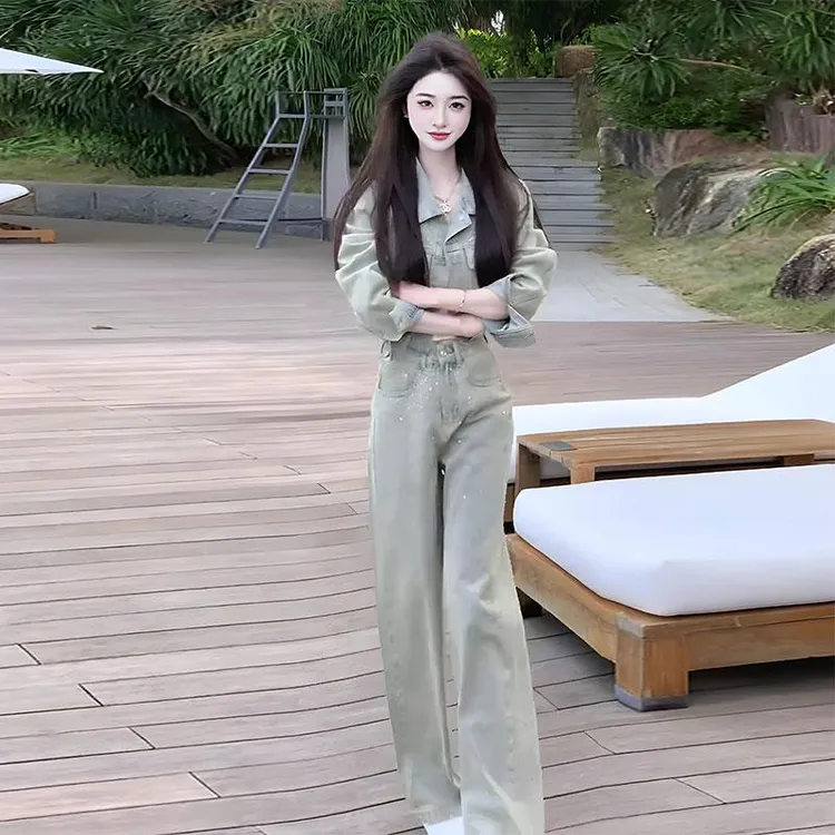 韩系小个子一整套时髦牛仔套装女春秋新款重工镶钻短款外套阔腿裤