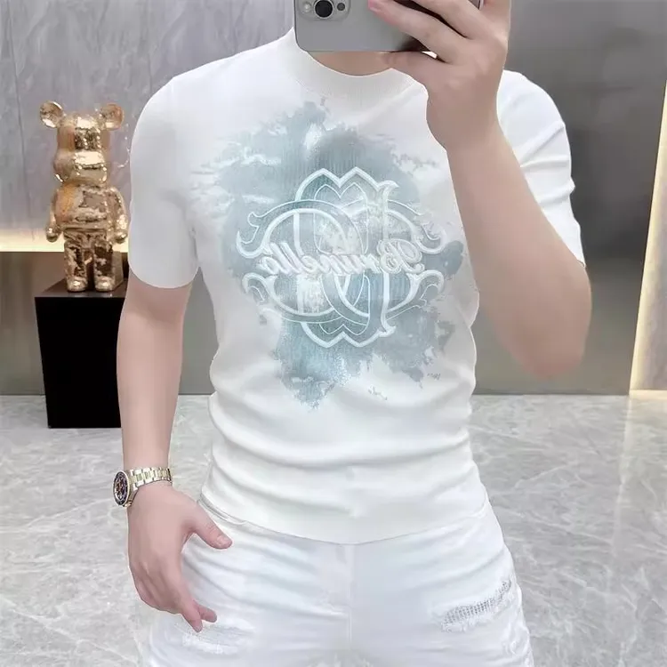 2025欧货轻奢男士针织冰丝短袖T恤印花时尚百搭夏季半袖上衣潮013