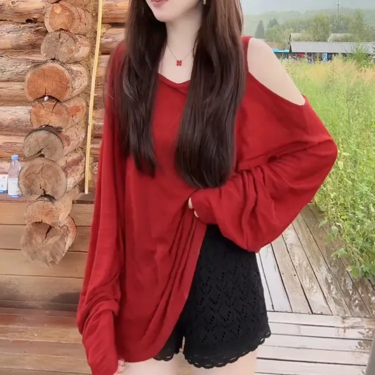 2025新款时尚百搭休闲宽松纯色小露香肩长袖T恤上衣LK2505402