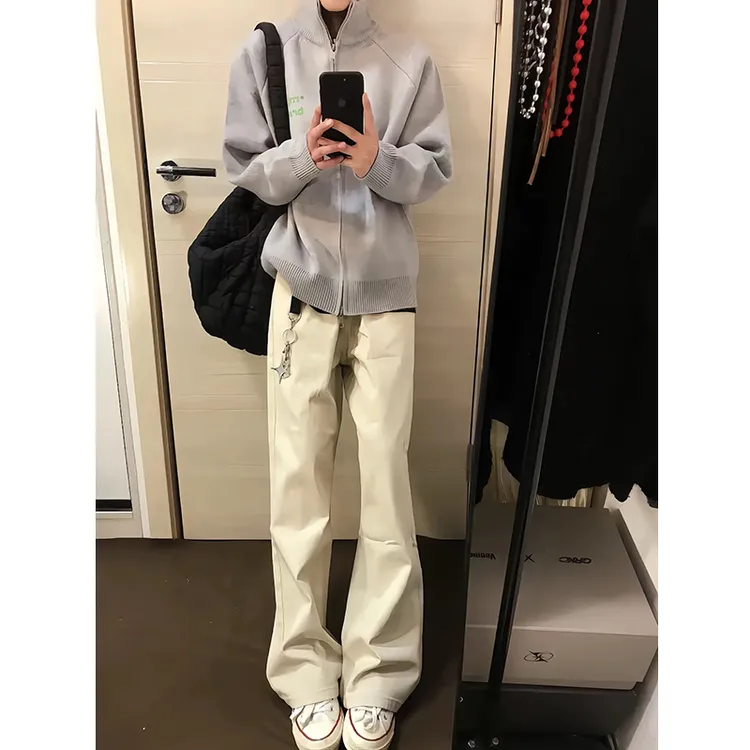 白色微喇牛仔裤男款夏季美式高街cleanfit裤子高腰直筒微喇叭裤