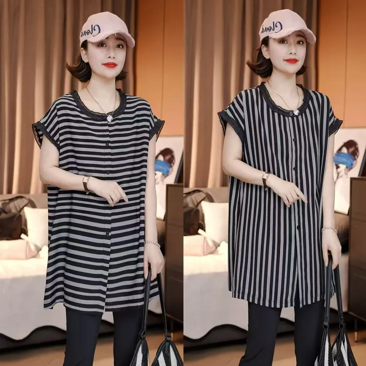 蕾丝边条纹拼接百搭T恤 韩版气质显瘦宽松时尚上洋气衣