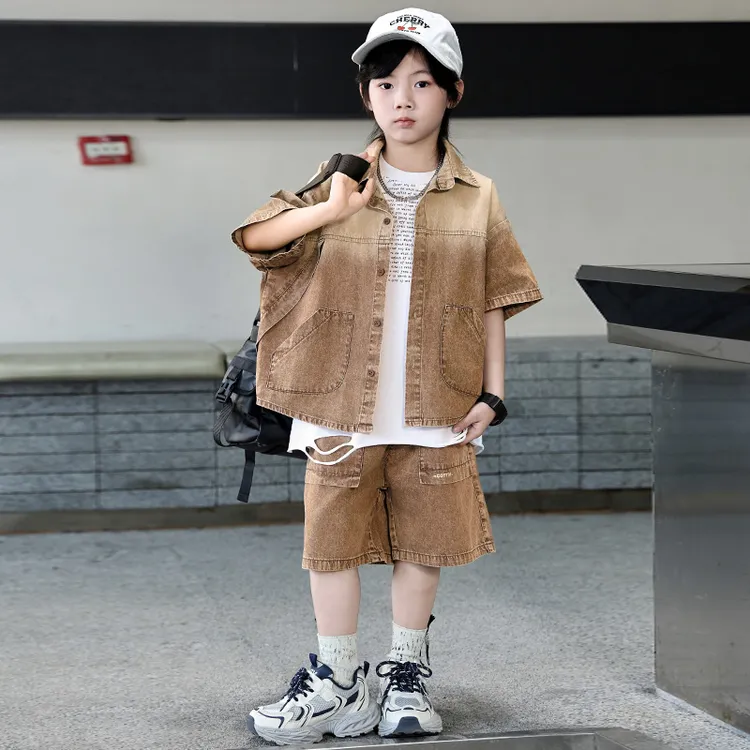 男童夏季套装2025新款儿童夏装帅气男孩中大童短袖牛仔短裤三件套