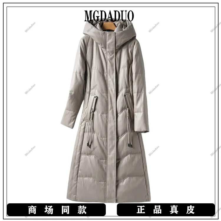 海宁真皮皮衣 2025新款长款连帽加厚90白鸭绒绵羊皮女外套-8507-