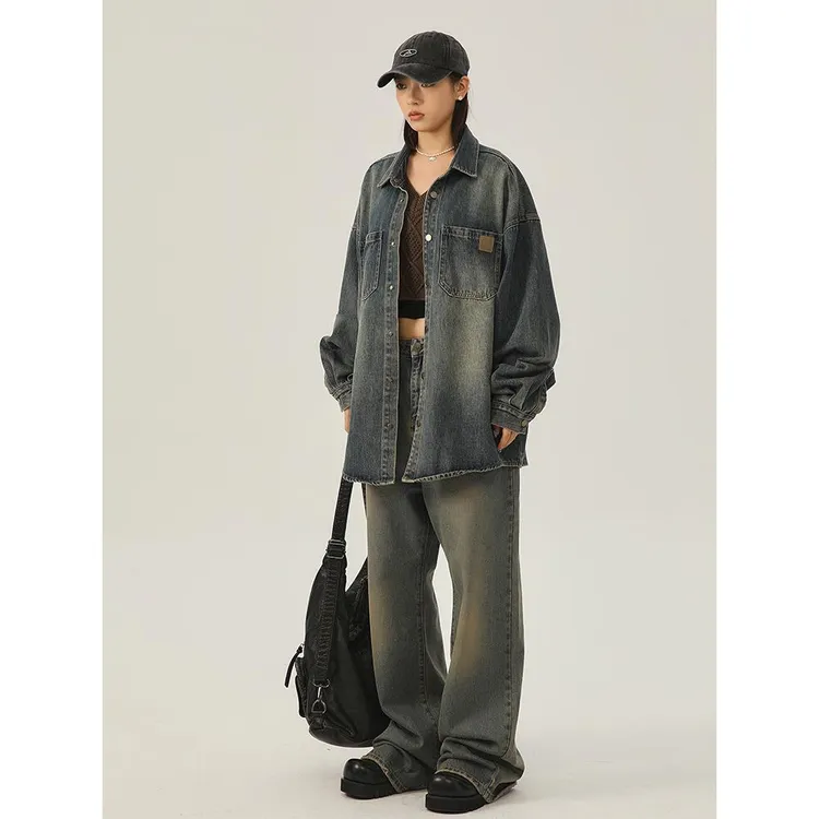 高街潮牌工装牛仔衬衫外套男女春秋季新款宽松休闲长袖衬衣夹克潮