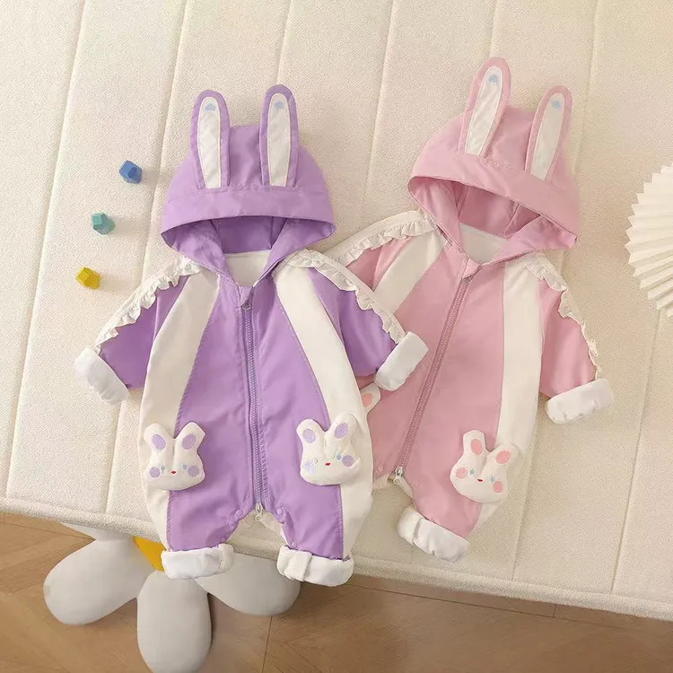 婴幼儿春秋双层连帽兔耳朵女宝秋季连体衣
