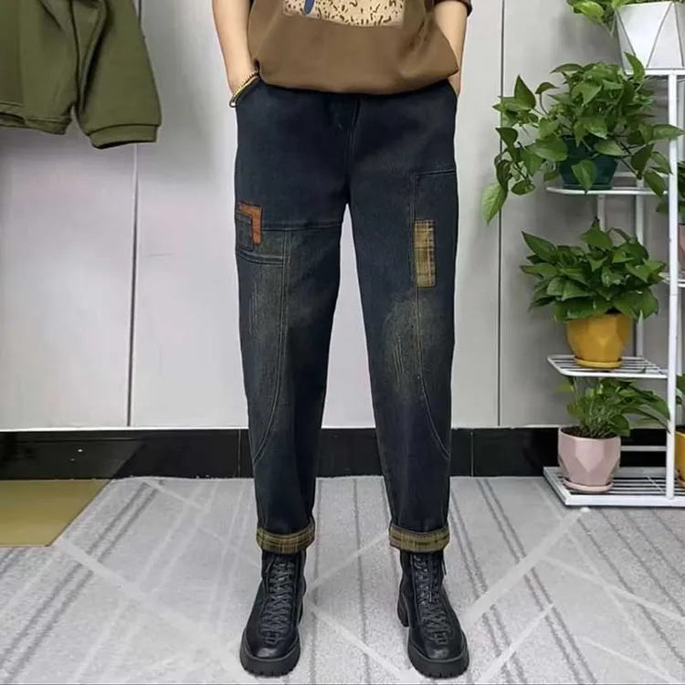 弹力牛仔裤女秋冬新款水洗高腰翻边做旧百搭大码显瘦哈伦裤长裤