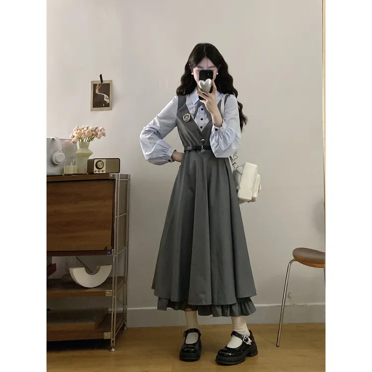 寂静回廊 学院风减龄撞色衬衫假两件收腰西装连衣裙秋