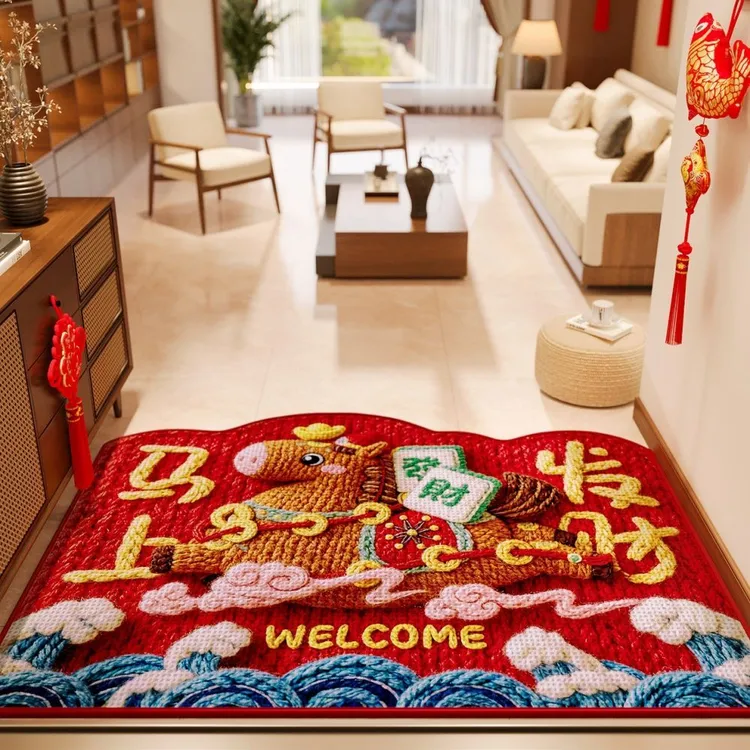 新年红色招财福马仿刺绣入户门地垫门口防滑垫进门脚垫子家用地毯