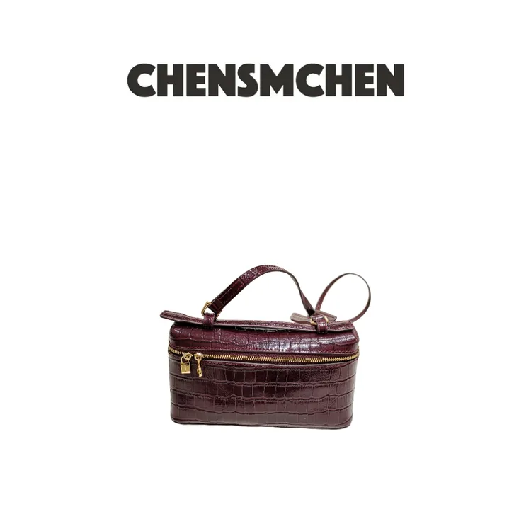 CHENSMCHEN 复古酒红色鳄鱼纹牛皮盒子包