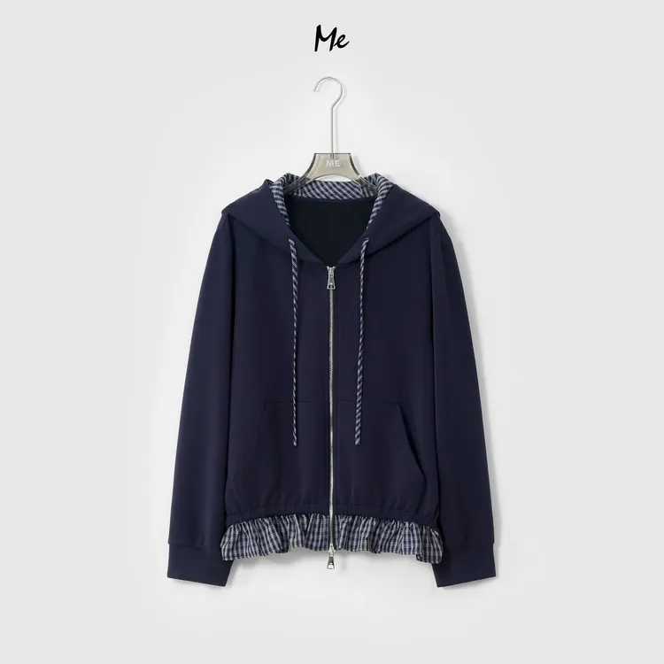 ME【蓝花格卫衣】云柔英伦格木耳花边显瘦百搭时尚连帽外套MESA0409