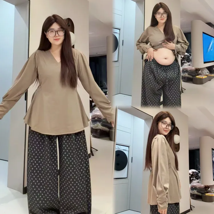 新款大码胖MM蚂蚁腰v领设计感磨毛长袖打底T恤