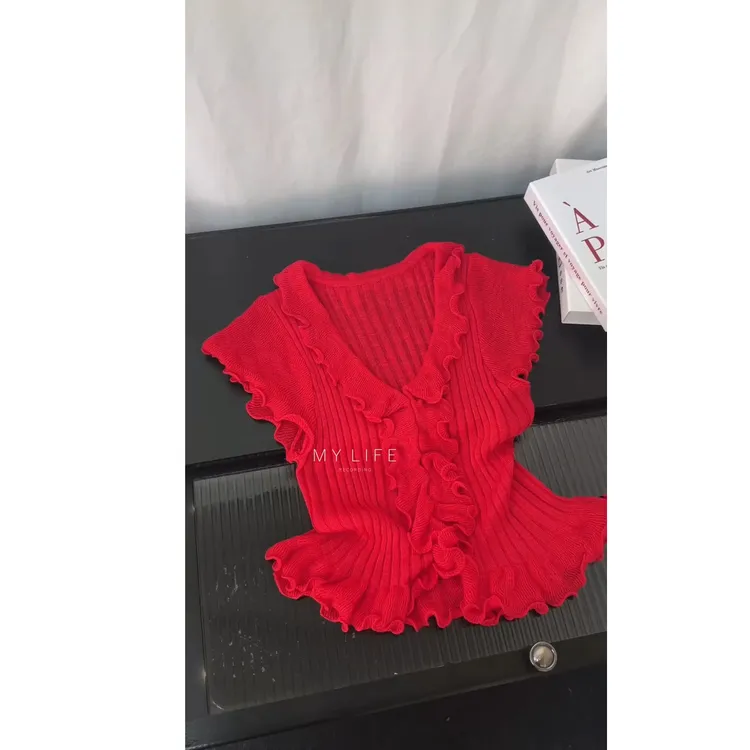 韩系木耳边V领坑条短袖针织t恤女夏季新款修身显瘦短款设计感上衣