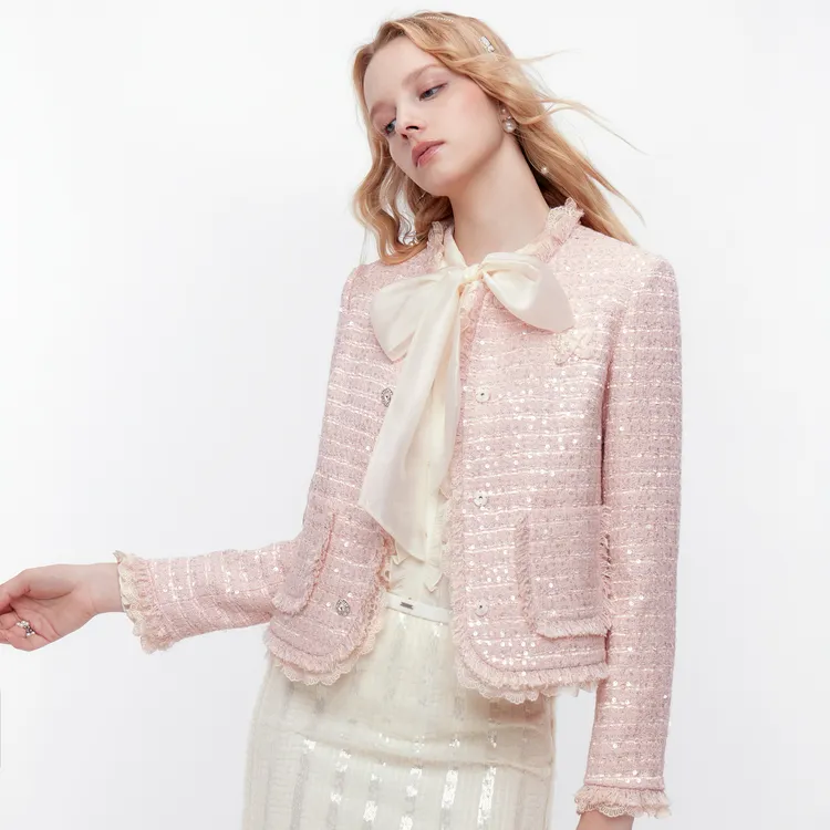 MISSCOCOON可可尼粉色上衣女2025冬季新款千金小香风修身厚短外套