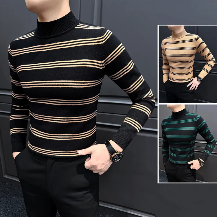 条纹半高领长袖毛衣男款冬季保暖男装内搭时尚百搭男士打底针织衫